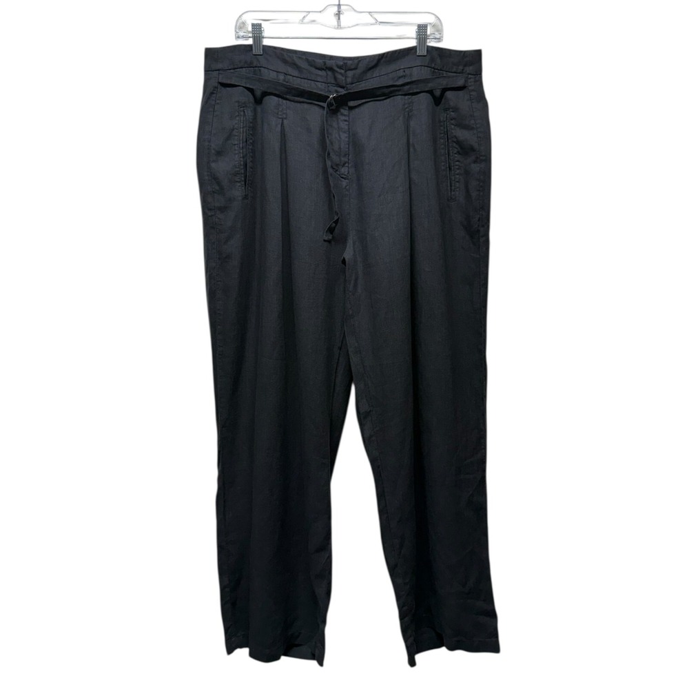 Wrap London‎ 100% Linen Wide Leg Pants Women Sz 14 Black Belted Office Preppy